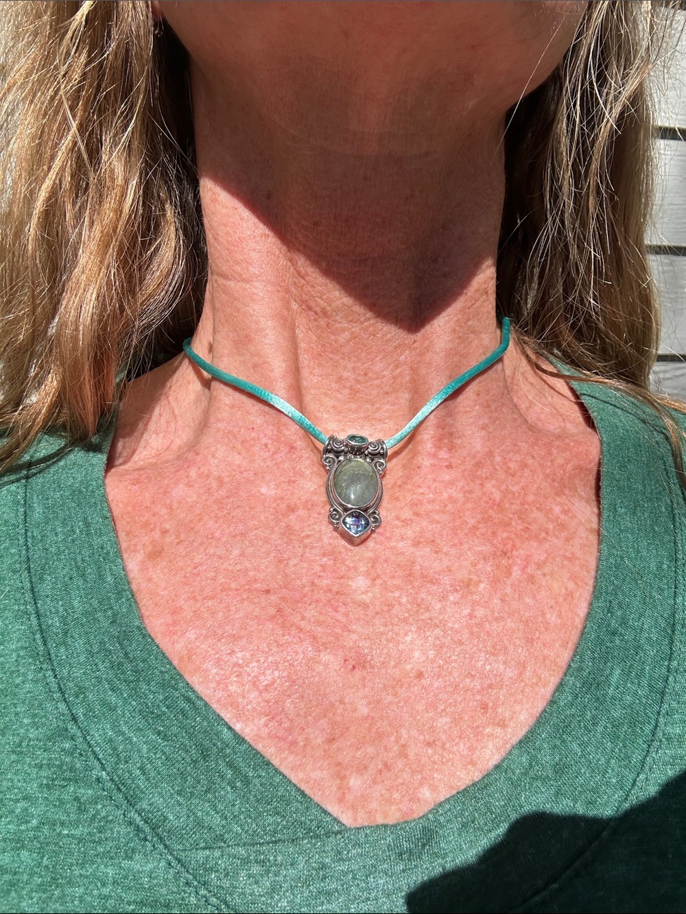 Sterling Silver Green and Blue Stone Pendant with 16” Teal Silk Cord